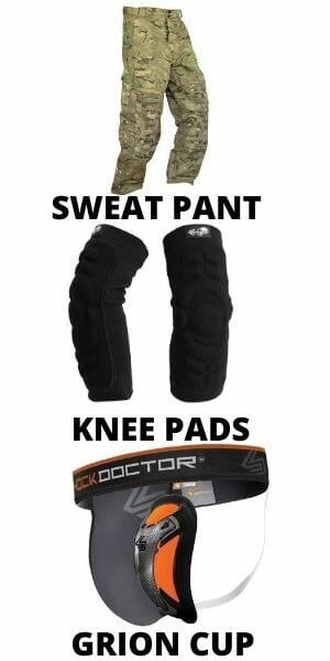 sweat pants, knee pads, and groin cup for paintball play